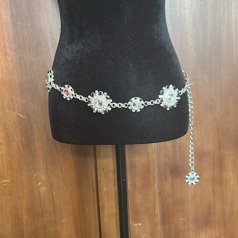 Stunning Silver Rhinestone Faux Onyx Chain Belt